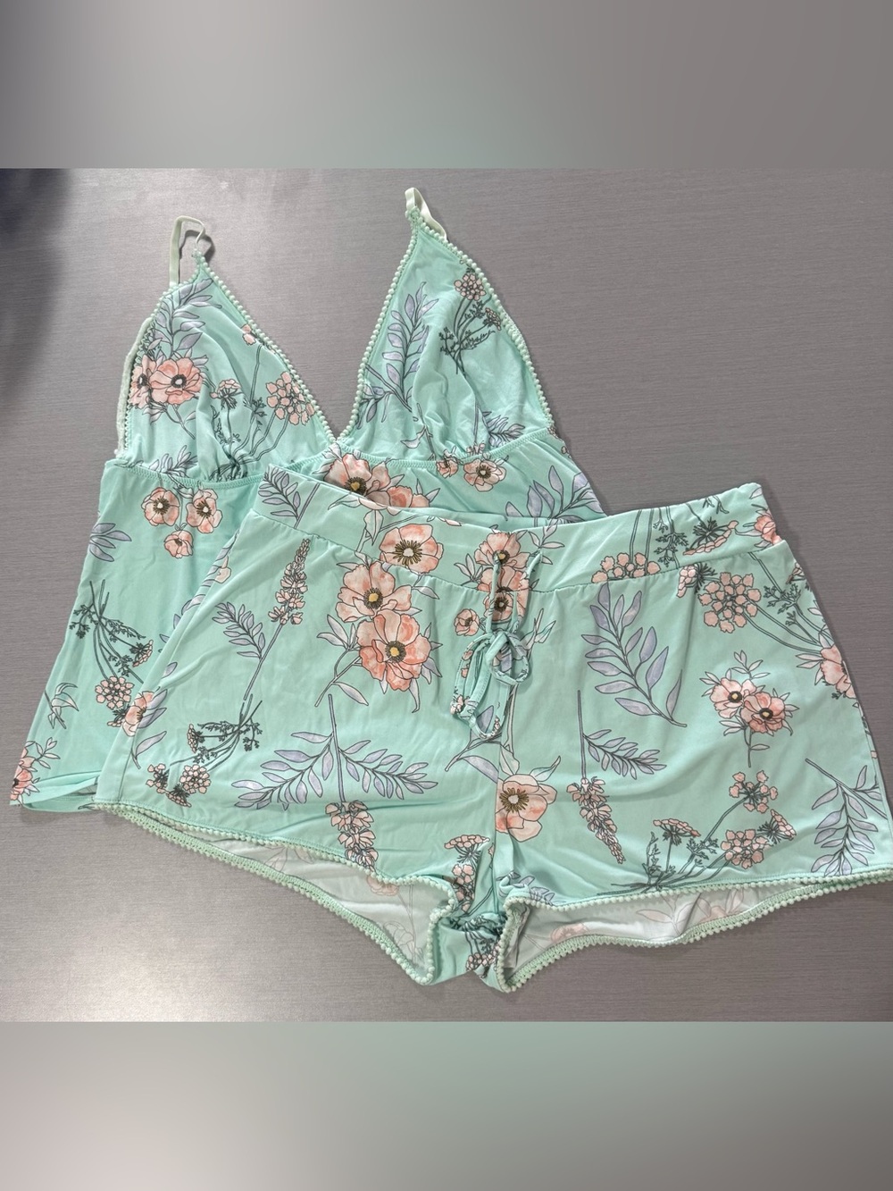 La Vie en Rose Floral Satin Pajama Set XL Mint Green Cami & Shorts Sleepwear